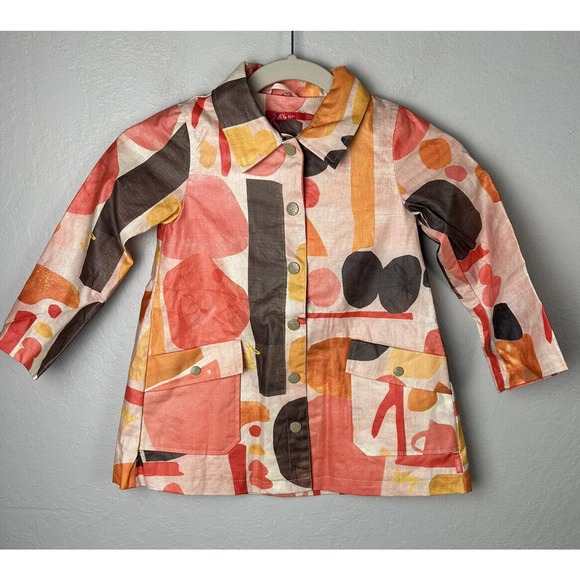 NWT Oilily Girls Raincoat Jacket Size 98 US 3Y Orange Pink Abstract Print Linen
